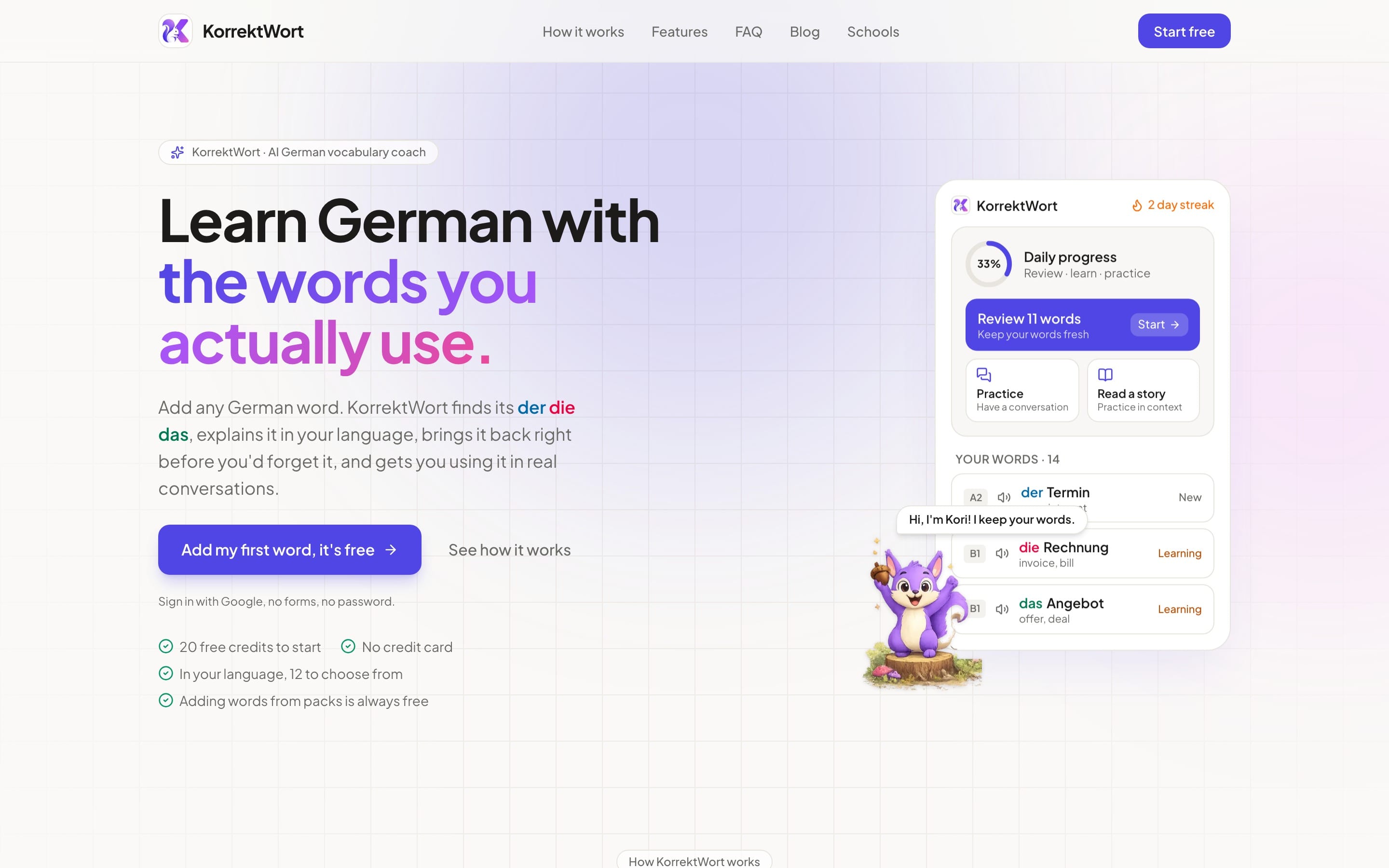 KorrektWort: aktueller Screenshot der Website
