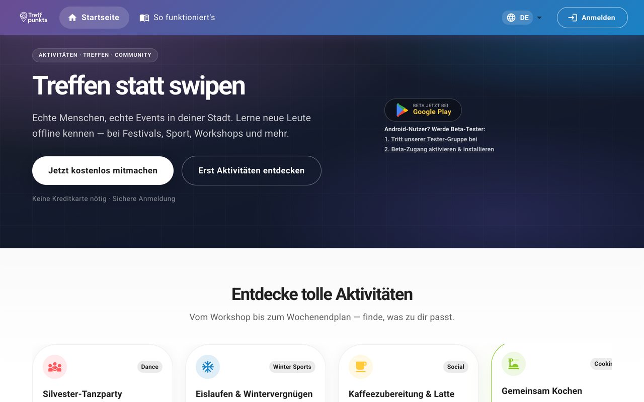 TreffPunkts: aktueller Screenshot der Website